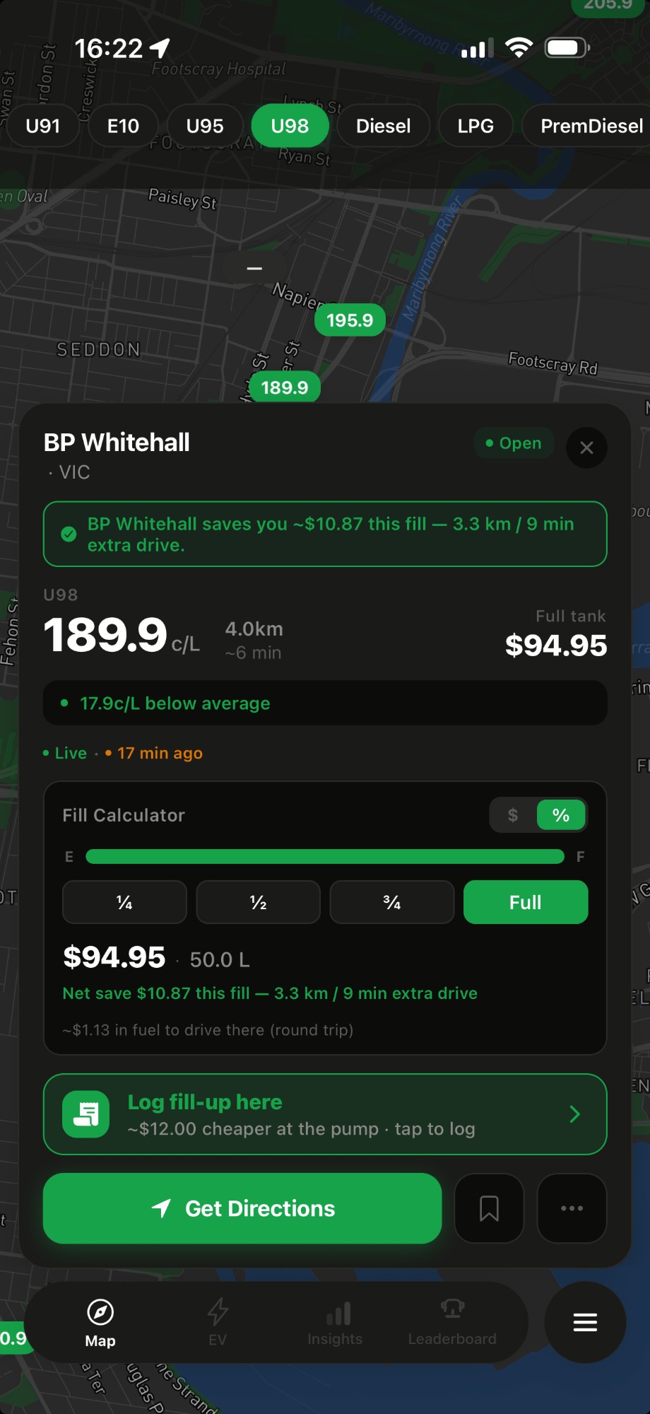 FuelSense Fill Calculator — full tank cost net of detour